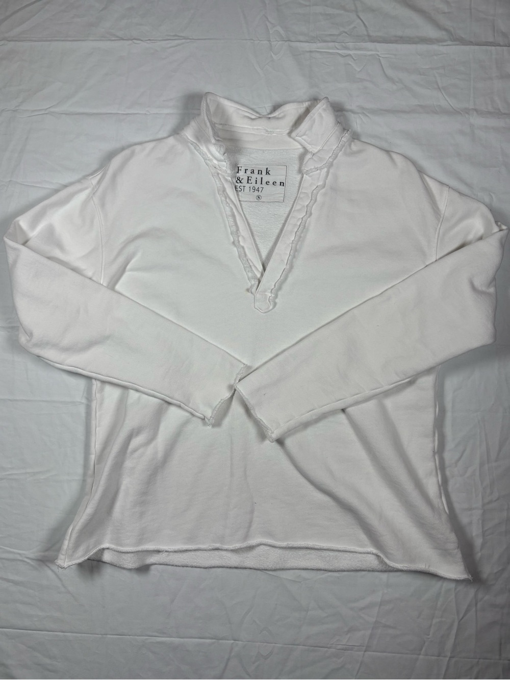 Frank & Eileen Patrick Popover White V-Neck Ruffle-Trim Sweater